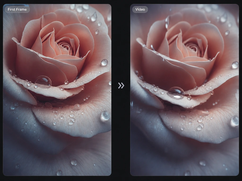 First-frame guided video preview comparing a rose reference frame with generated motion