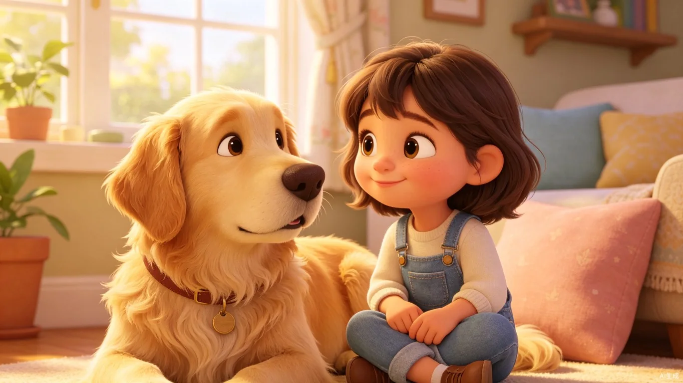 Animated girl and golden retriever in a cozy sunlit room for character-driven storytelling
