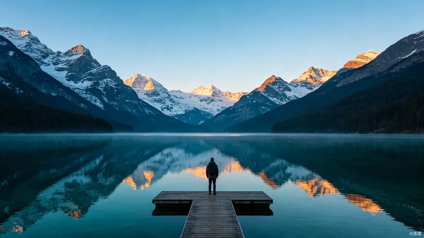 Mountain lake at dawn with a traveler on a wooden dock, used as a first-frame reference for AI video generation