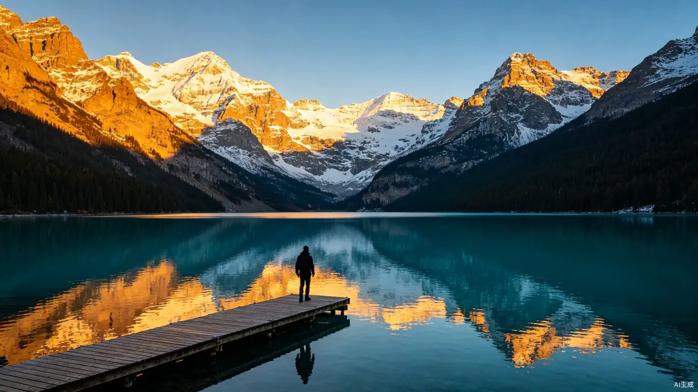 AI-generated cinematic mountain lake transition preview from dawn to golden hour in 1080p