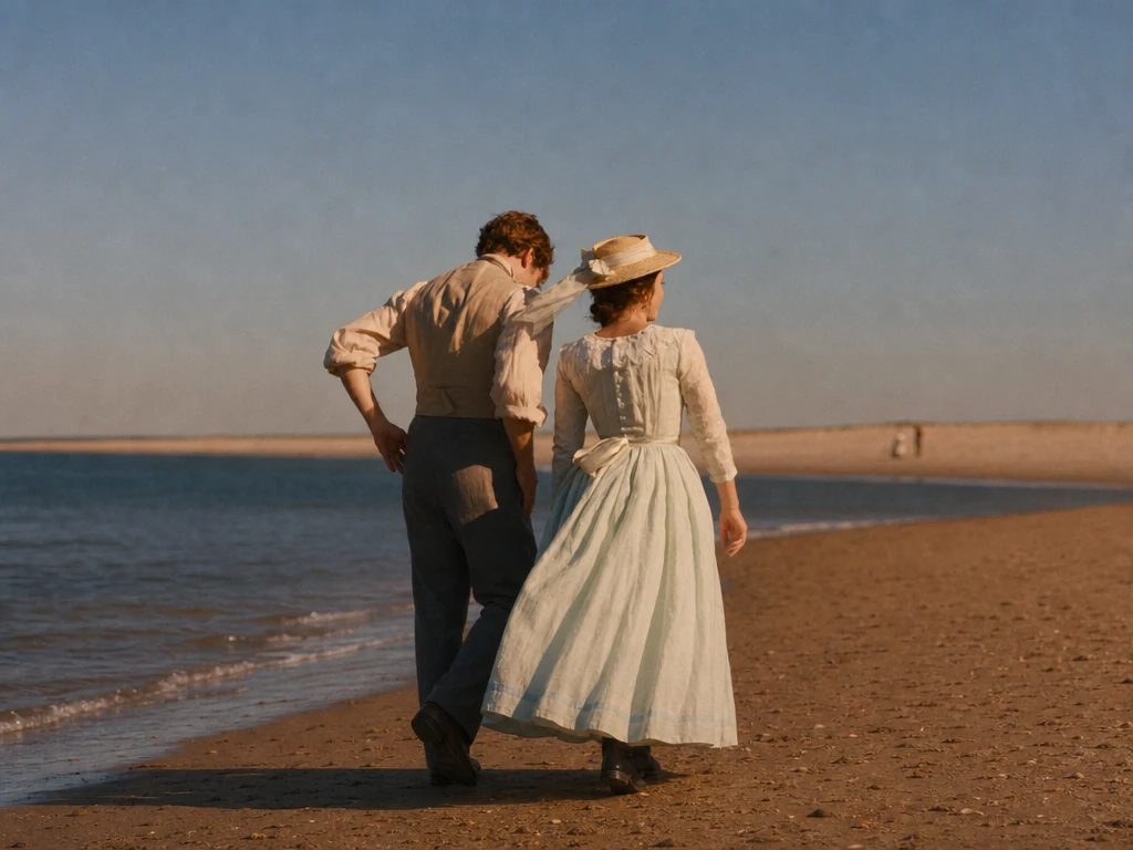 Couple walking along a beach at sunset as an ending image reference