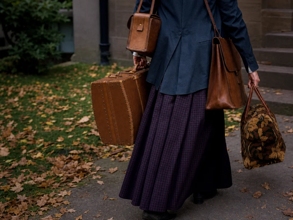 Woman in a yellow coat holding a vintage suitcase at a station as a starting image reference