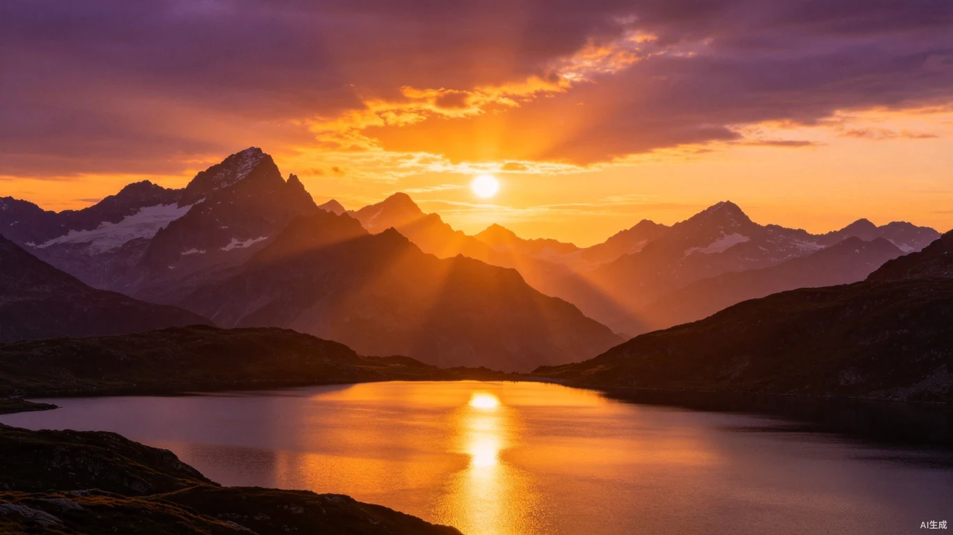 Mountain lake at golden sunset with warm light reflecting on the water, used as a last-frame reference for AI video generation