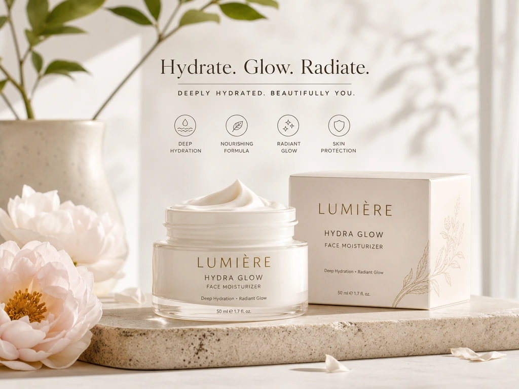 Premium skincare moisturizer product commercial with soft studio lighting and botanical accents
