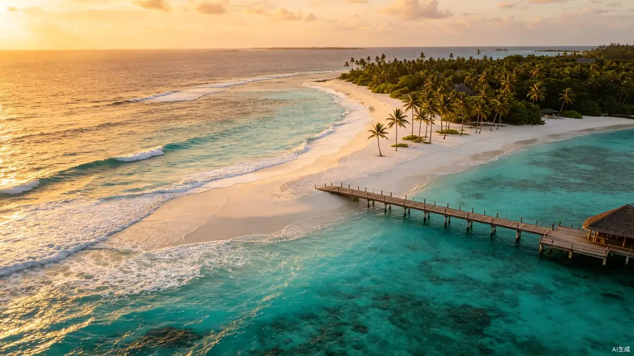 Aerial view of a tropical island beach at sunset with wooden pier and turquoise water